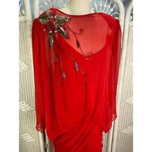 Vintage Donzia by Jane McCartney Red Draped Beaded Evening Gown 1980s Formal